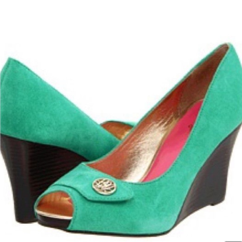 Lilly Pulitzer Jewel Green Suede Peep Toe Wedge Slip On Heels 7.5